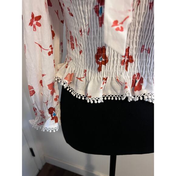 NWT Zara Linen Blend Floral Print Ruched Cream Print Blouse xs - Picture 9 of 12